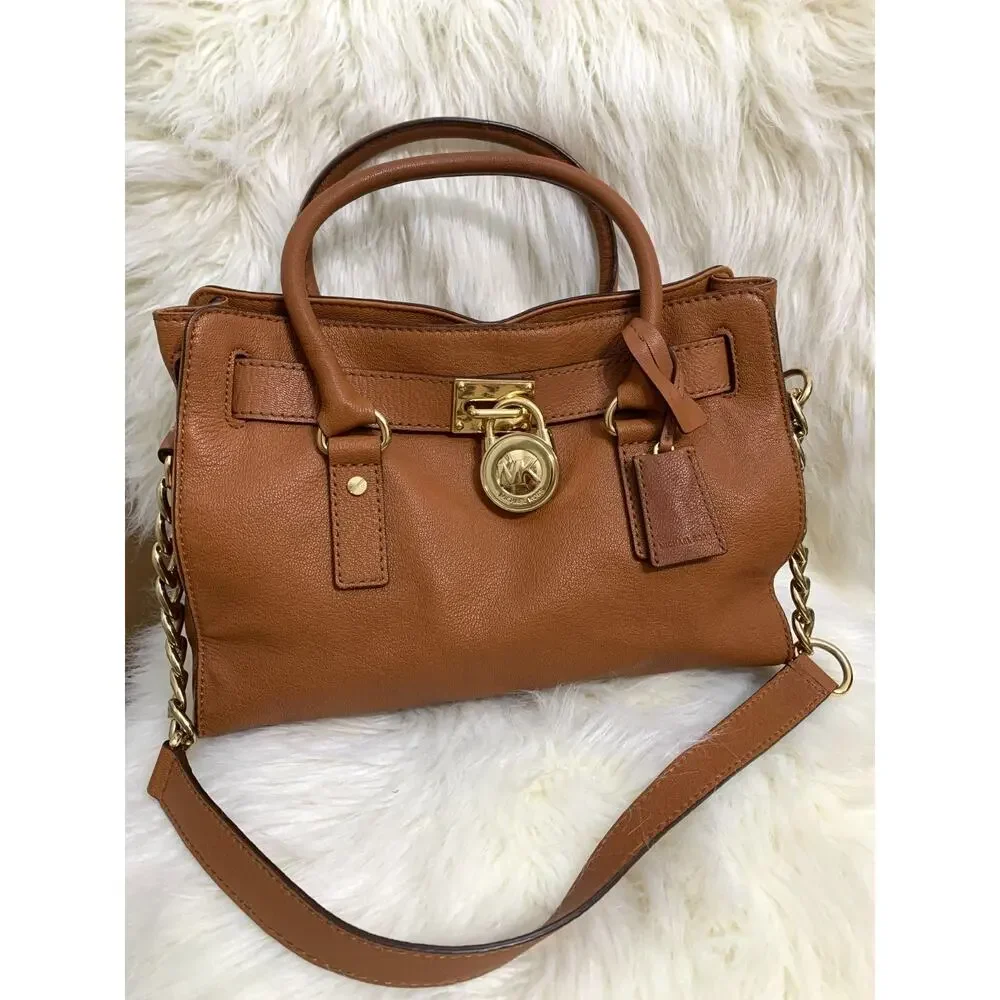 MICHAEL KORS Luggage Tan Pebbled Leather Vintage HAMILTON Lock Satchel - MINT!